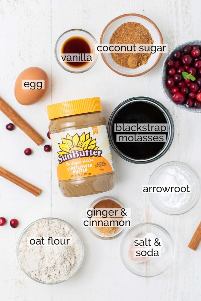 The ingredients needed to make soft ginger cookies.