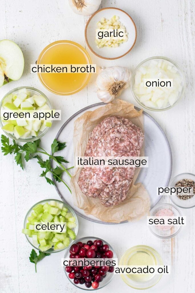 The ingredients needed for the sausage stuffing.