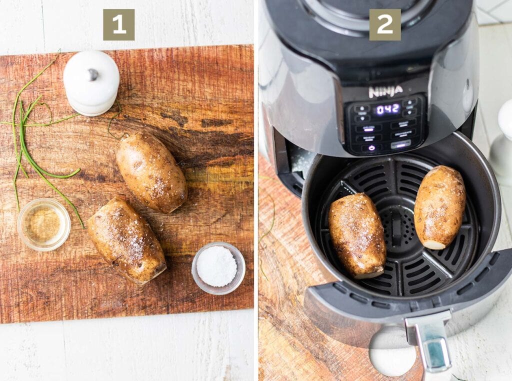 Step 1 shows preparing the potatoes, and step 2 shows adding them to the air fryer.