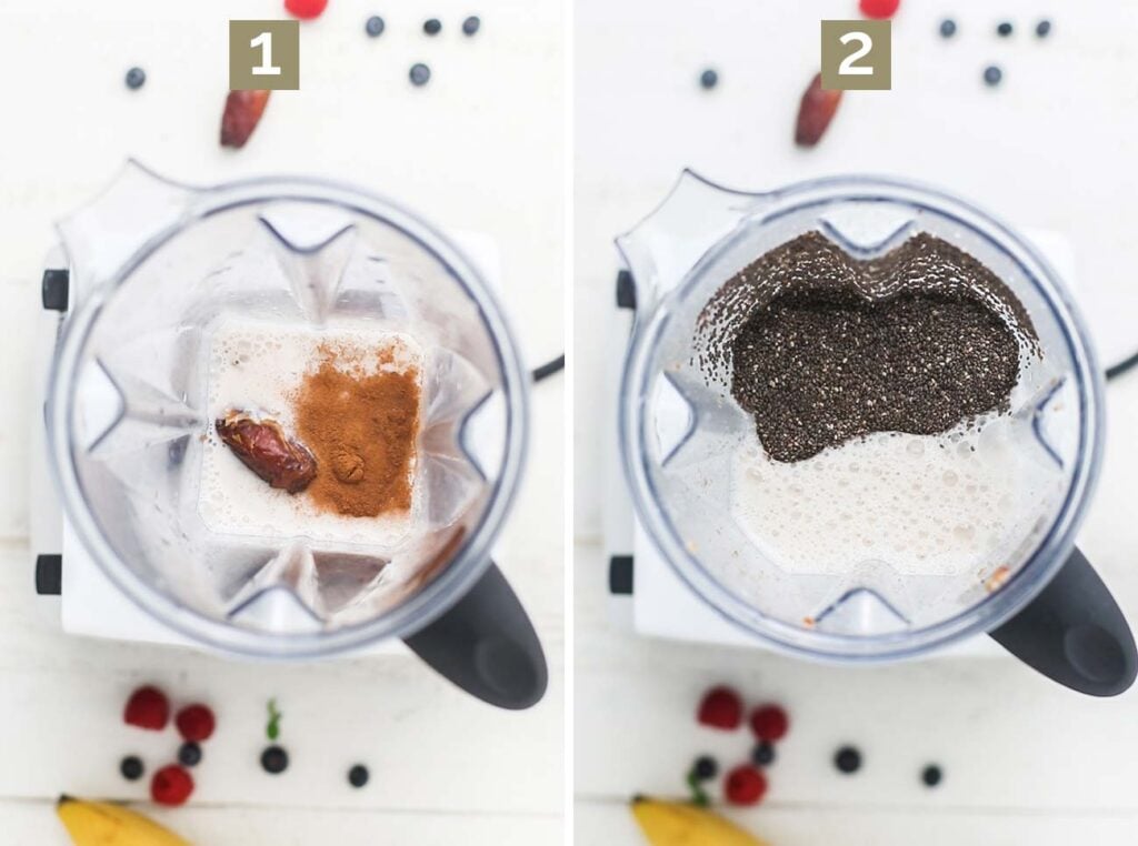 Step 1 shows adding the milk, date and cinnamon to a blender. Step 2 shows adding the chia seeds.