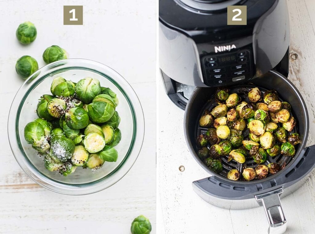 Step 1 shows to prep the brussels sprouts, and step 2 shows to air fry the brussels sprouts.