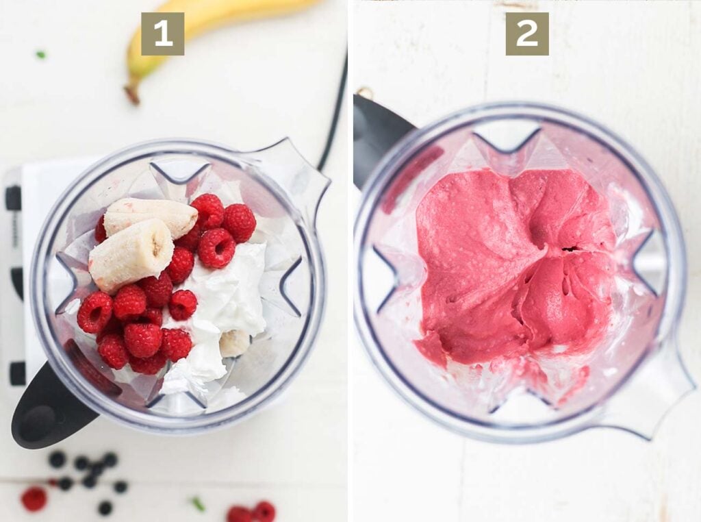 Step 1 shows to put berries, bananas, and yogurt into a blender, and step 2 is processing until smooth and thick.