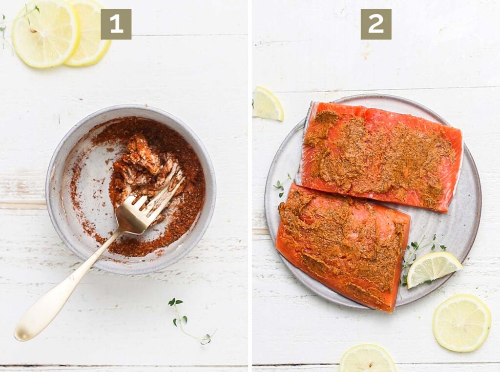 Step 1 shows to make a blackened seasoning butter blend, and step 2 shows to spread the salmon with seasoned butter.