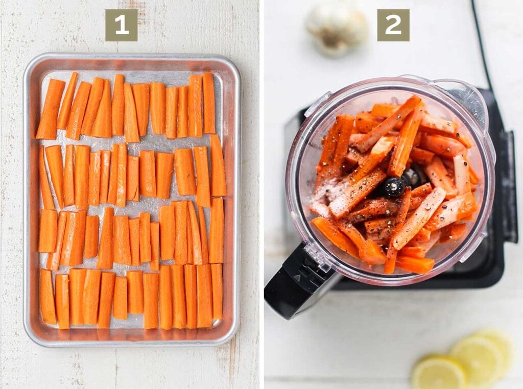 Step 1 shows how to roast the carrots, and step 2 shows adding the carrots and other ingredients into a food processor.