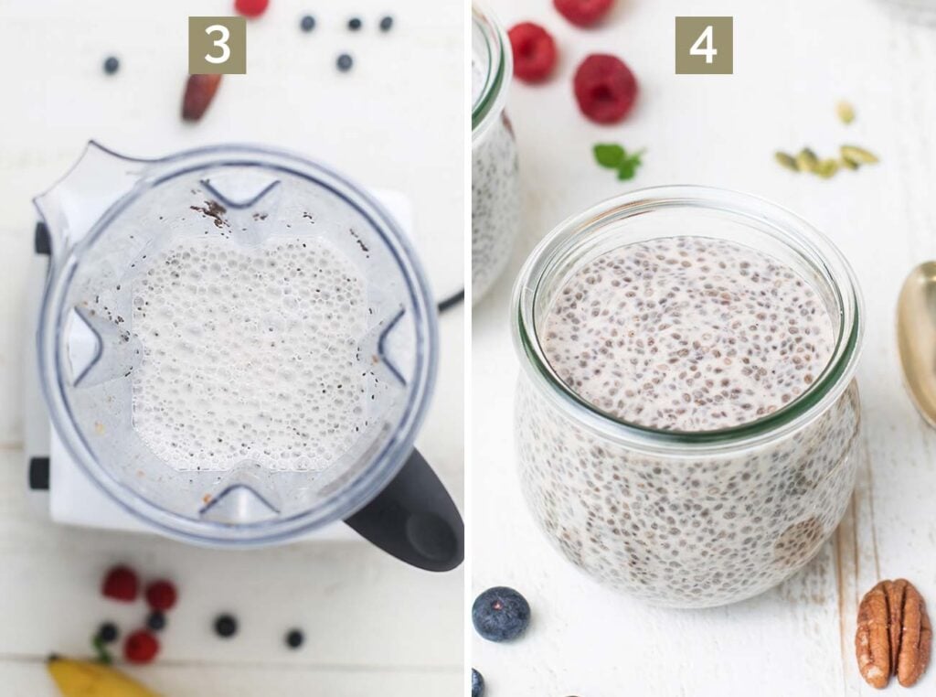Step 3 shows pulsing to break up the chia seeds as it thickens, and step 4 shows adding it to jars to refrigerate.