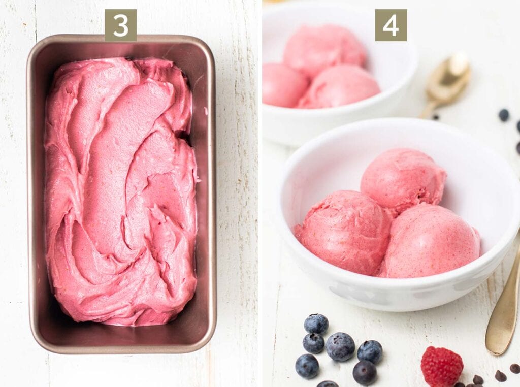 Step 3 is putting it in a container to freeze, and step 4 is scooping the ice cream into bowls and topping.