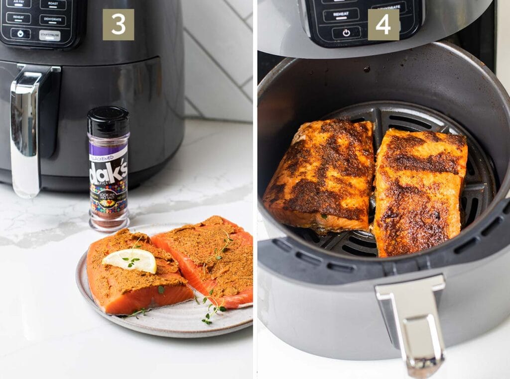 Step 3 shows to preheat the air fryer, and step 4 shows to air fry the salmon for 10 minutes.
