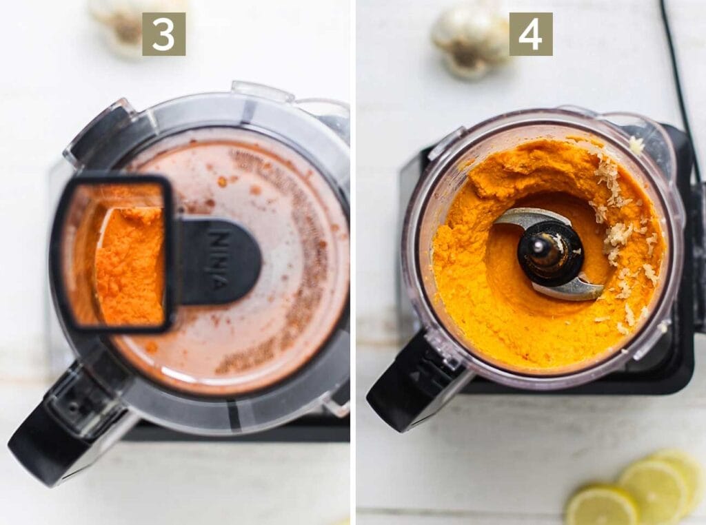 Step 2 shows processing the mixture until smooth, and step 4 shows grating garlic into the carrot hummus.