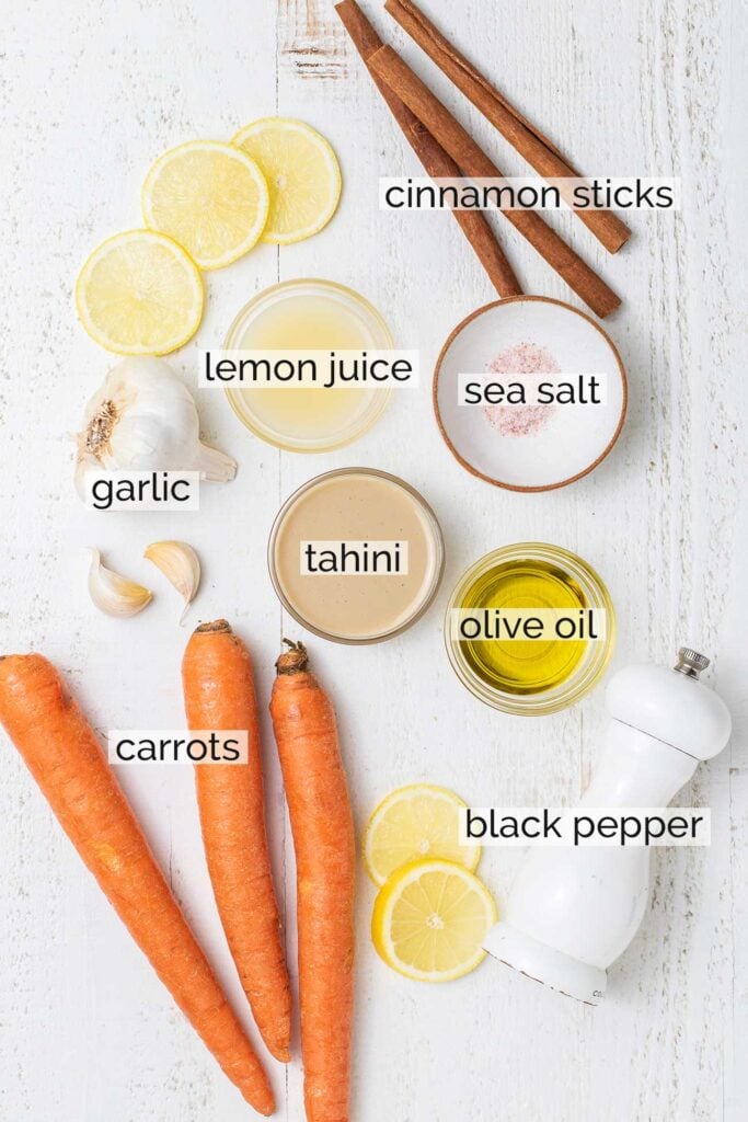 The ingredients needed to make roasted carrot hummus.