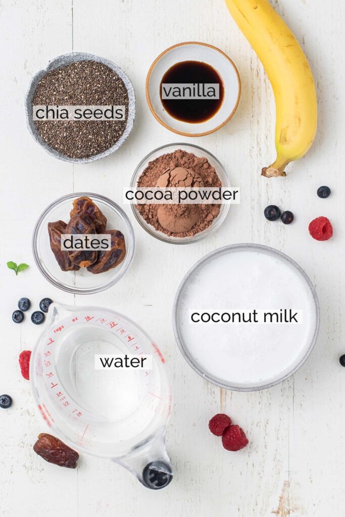 The ingredients needed to make a naturally sweetened chocolate chia seed pudding.