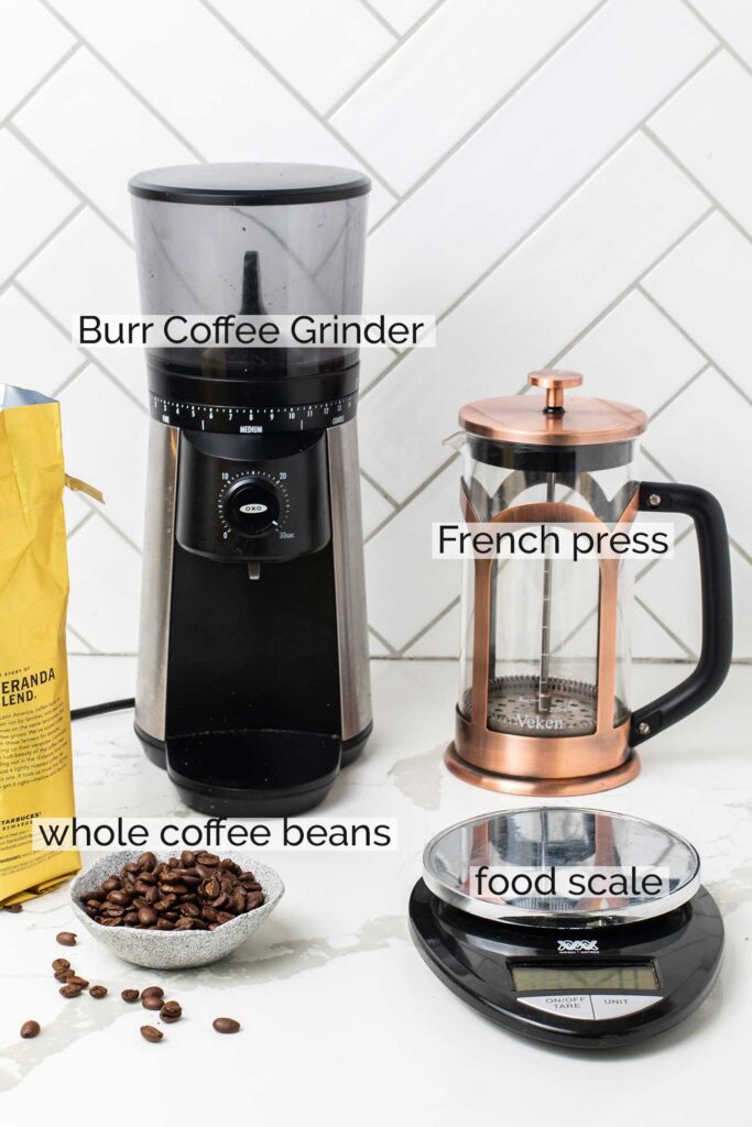 Recommended tools for French press coffee.