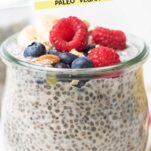 Chia seed pudding shown with lots of toppings.