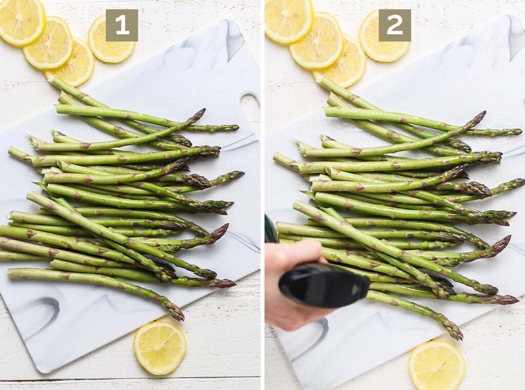 Step 1 shows to trim the ends of the asparagus, and step 2 shows to spray it with avocado oil.