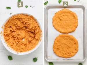 Making the sweet potato dough. Forming the pizza crusts.