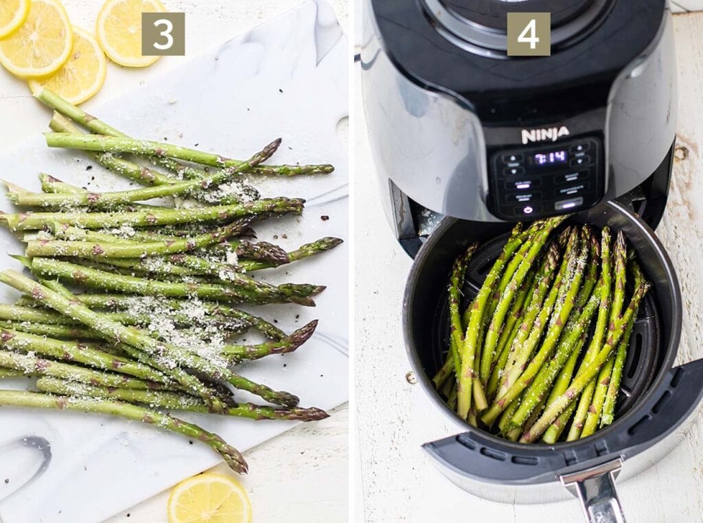 Step 3 shows to season it with salt, pepper, and parmesan cheese. Step 4 shows to air fry it for 4 minutes.