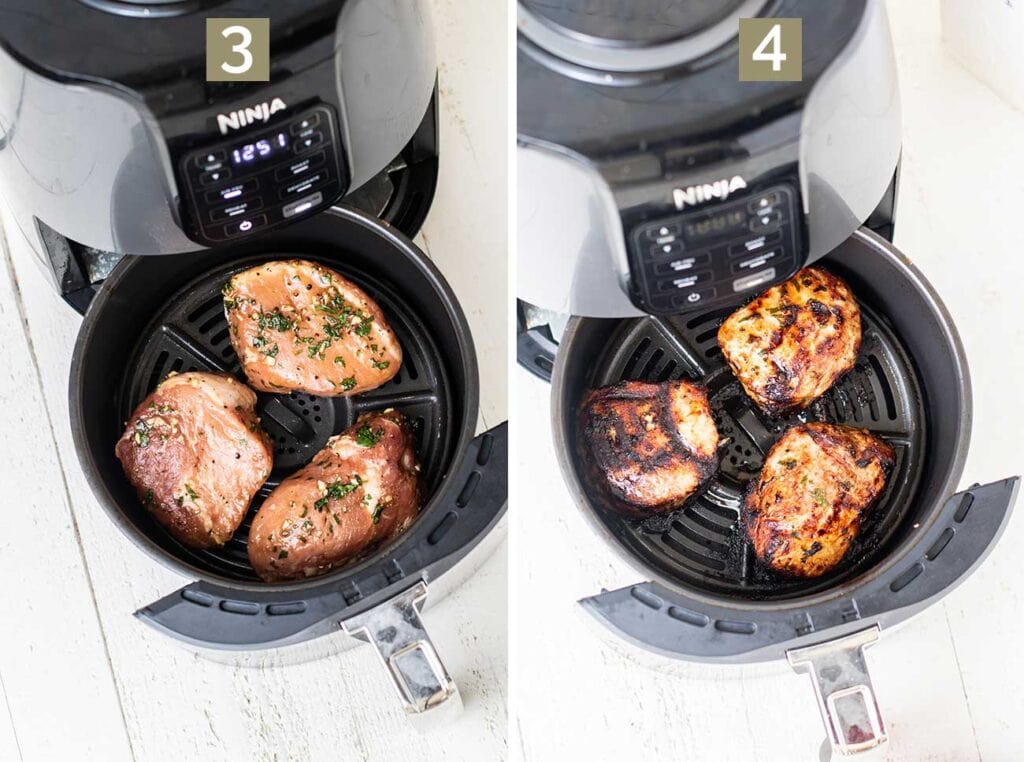 Steo 3 shows adding the pork chops to a preheated air fryer, and step 4 shows air frying the pork chops for 12 minutes.