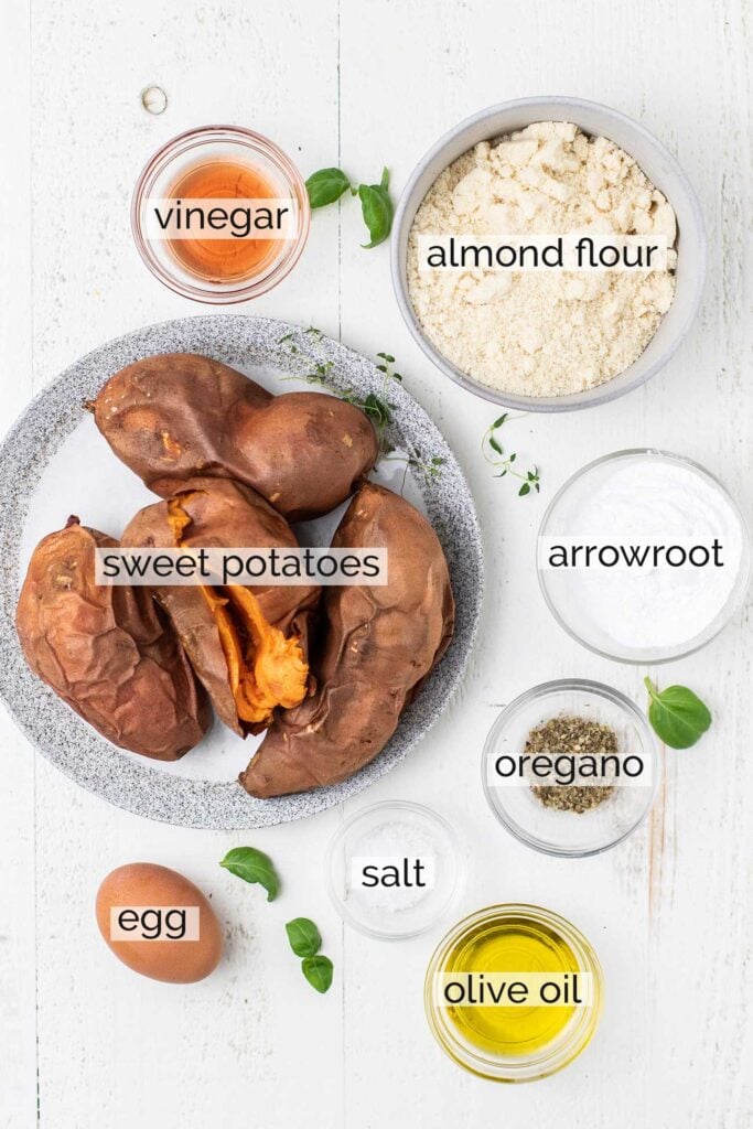 The ingredients needed to make sweet potato pizza crusts.