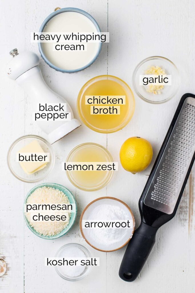 The ingredients needed to make a lemon cream sauce.