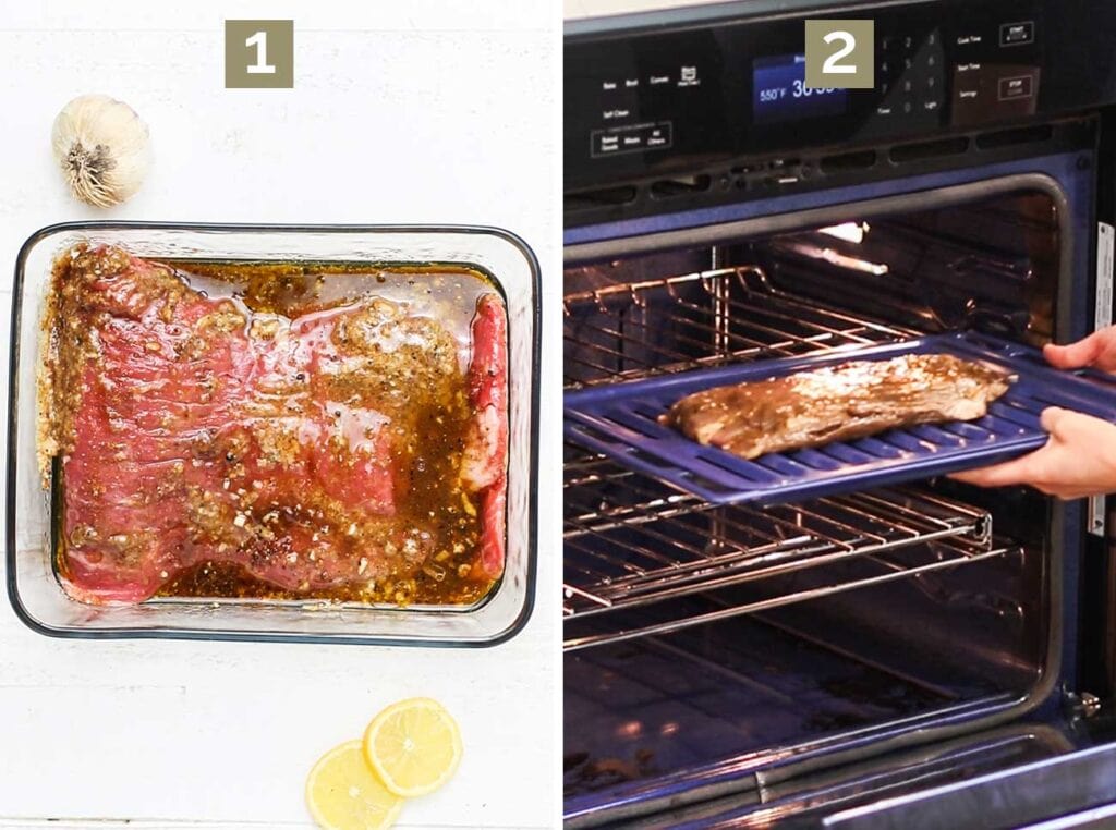 Step 1 shows marinating the steak, and step 2 shows broiling the steak.