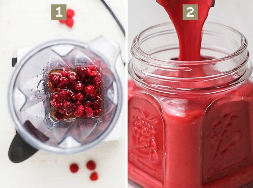 Step 1 shows to combine the ingredients in a blender, and step 2 shows pouring the dressing into a jar to store.