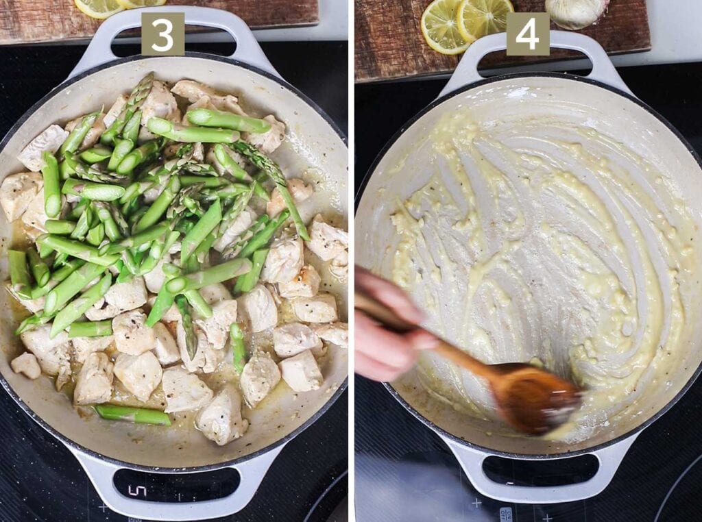 Step 3 shows softening asparagus, and step 4 shows combining the butter, garlic, and arrowroot.