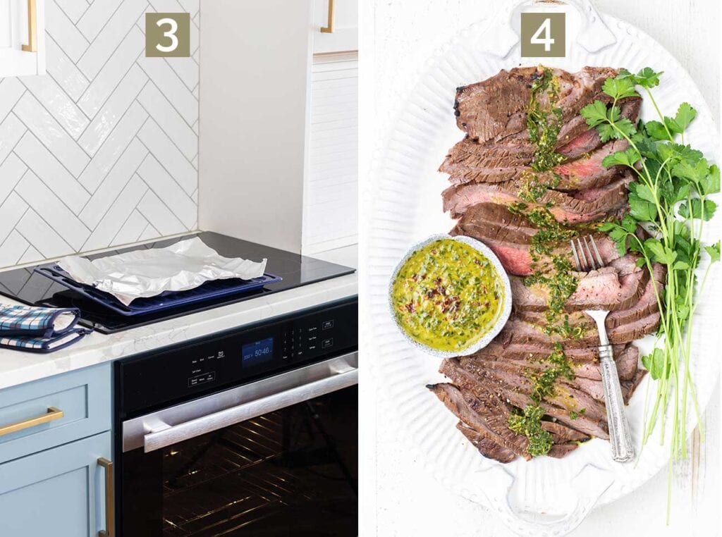 Step 3 shows allowing the steak to rest, and step 4 shows thinly slicing the steak and serving it with chimichurri.