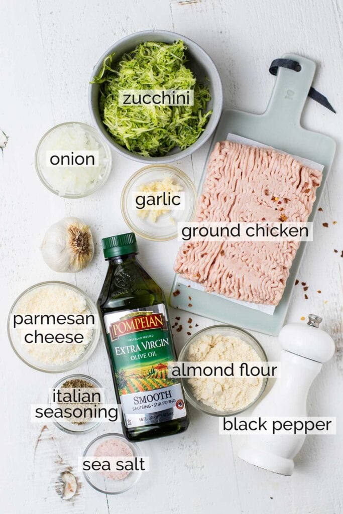 The ingredients needed to make healthy chicken meatballs.