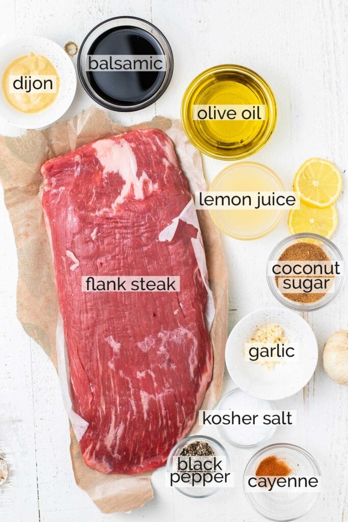 The ingredients needed to marinade a flank steak.