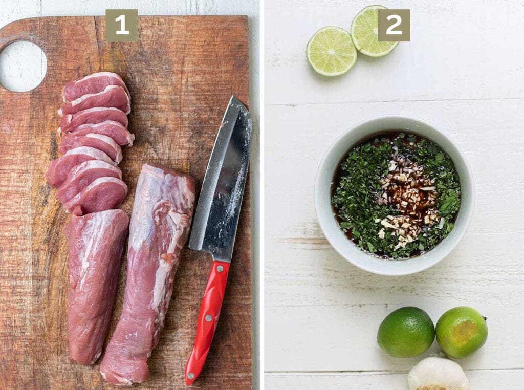 Step 1 shows how to cut a pork tenderloin, and step 2 shows whisking together the marinade.