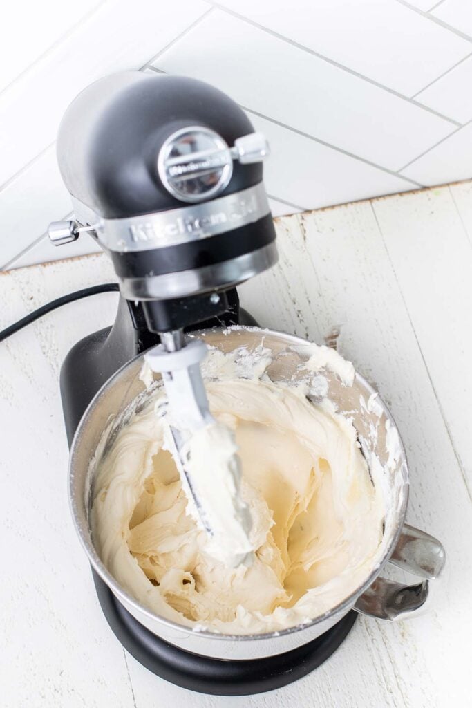 Cream cheese frosting made in a stand mixer.