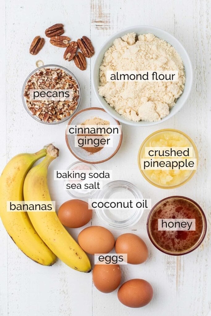 The ingredients needed to make a healthy hummingbird cake.
