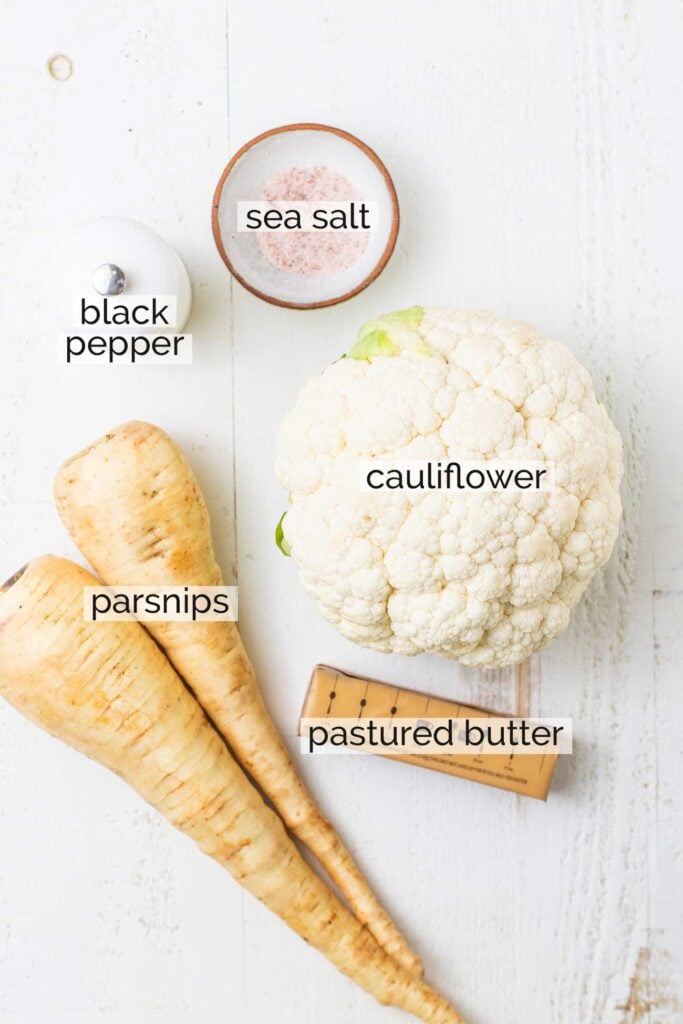 The ingredients needed to make a healthy cauliflower mash.