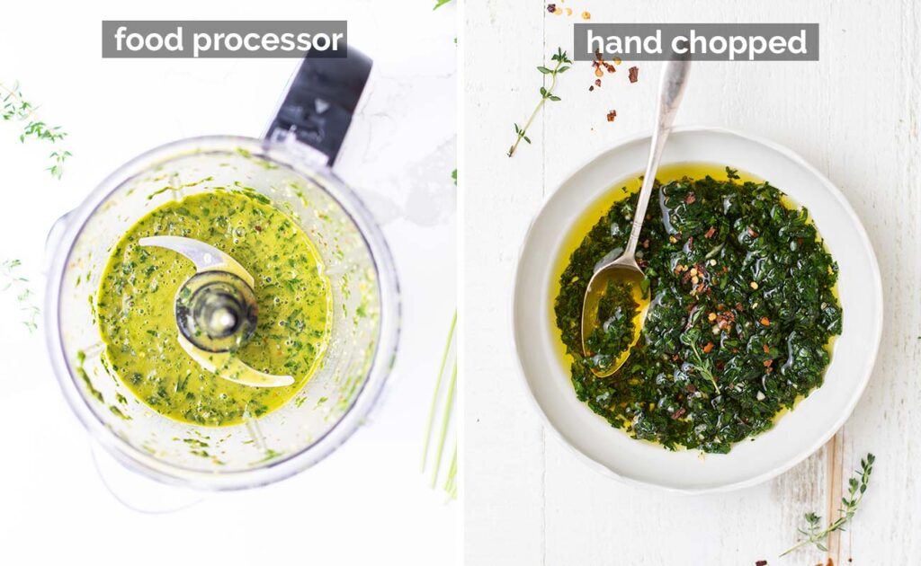 A comparison of the look of chimichurri made in the food processor vs made by hand.