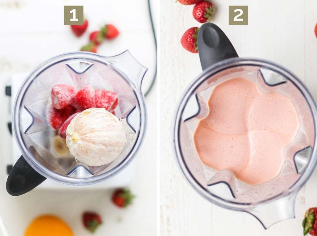 Step 1 shows adding the ingredients to a blender, and step 2 shows the creamy consistency of the strawberry orange julius smoothie.