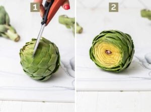 Step 1 shows trimming the leaves, and step 2 shows cutting the top off the artichokes.