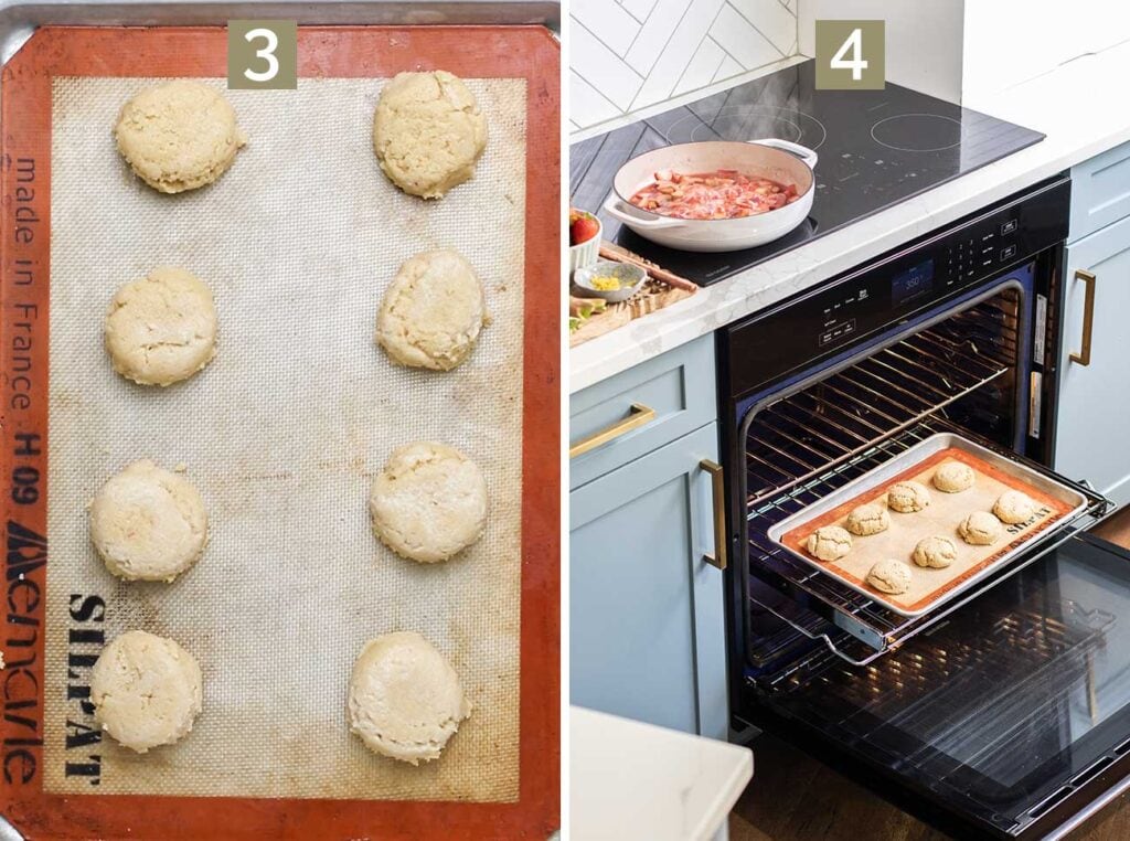 Step 3 shows scooping the dough into mounds, and step 4 shows baking the shortcakes.