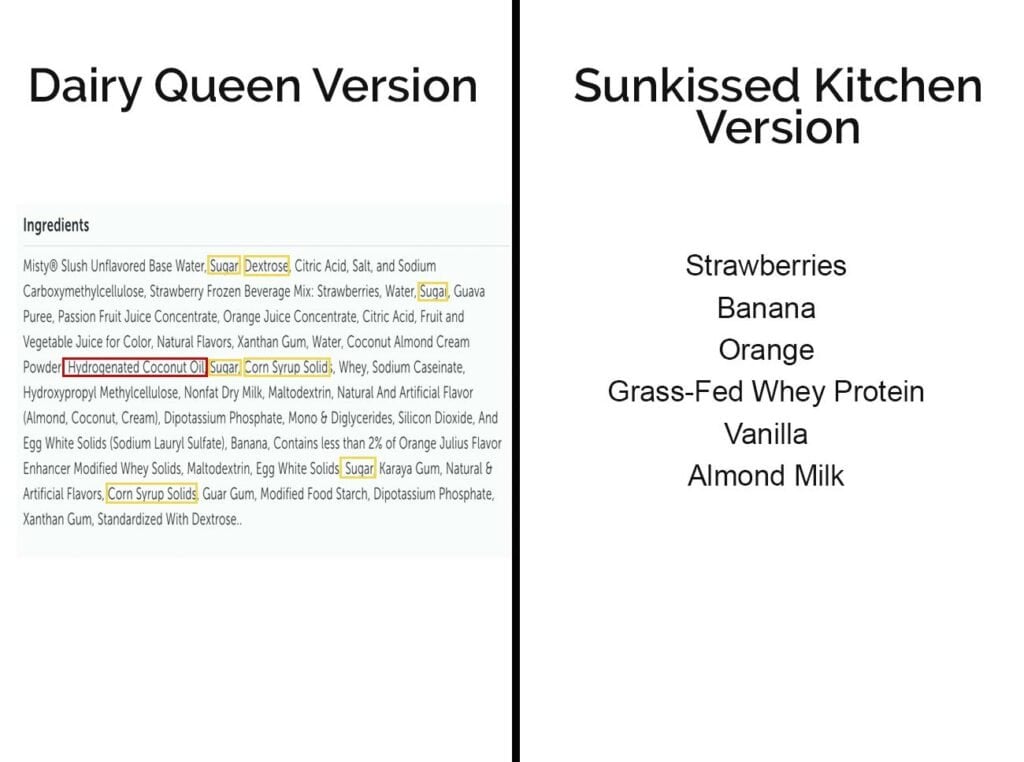 A comparison of the ingredients in a Dairy Queen Strawberry Banana Julius Smoothie, compared to a homemade version.