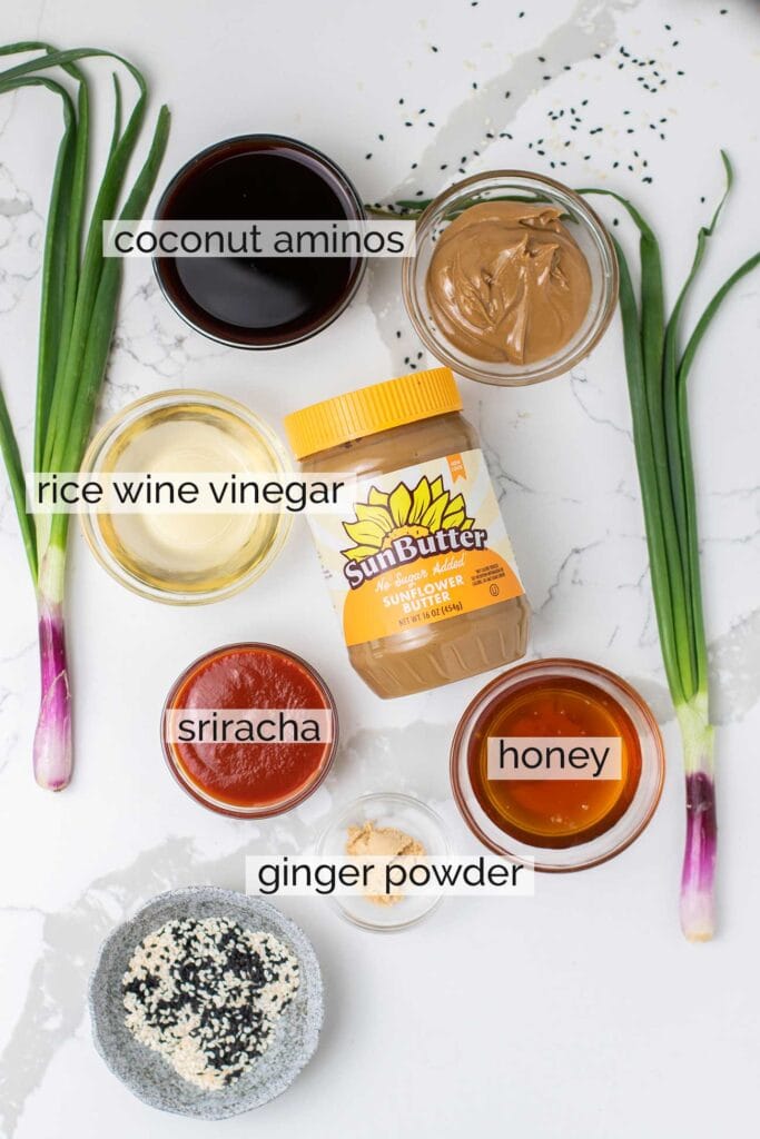 The ingredients needed to make a sweet-hot chicken sauce for air fryer chicken drumsticks.