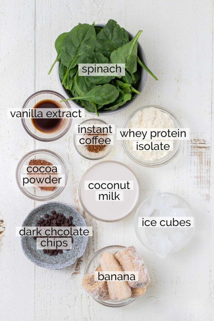 The ingredients needed to make a healthy java chip frappuccino.