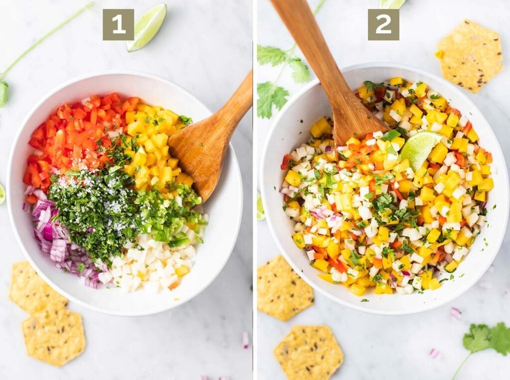 Step 1 shows adding chopped mangos and veggies to a bowl, and step 2 shows combining the ingredients with salt, lime juice, and jalapeno.