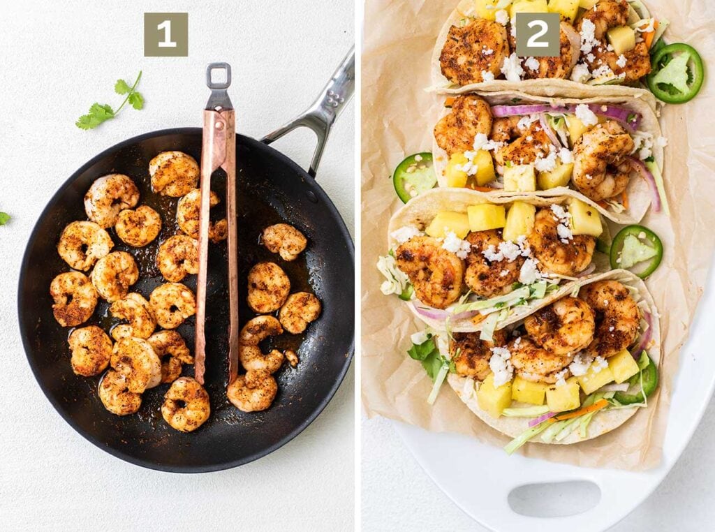 Step 1 shows cooking the shrimp with blackening seasoning, and step 2 shows assembling the tacos.