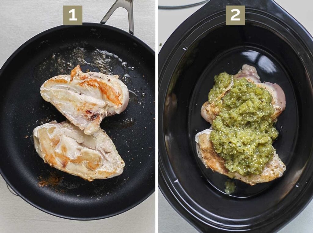 Step 1 shows browning the chicken, and step 2 shows adding it to a slow cooker along with salsa verde.