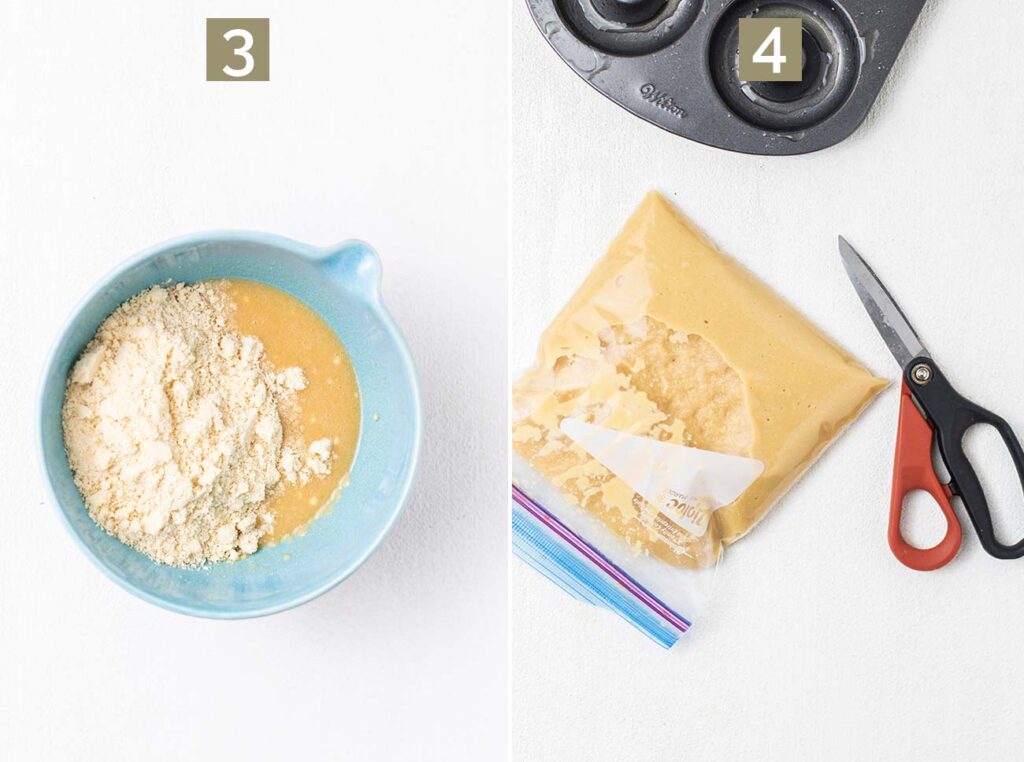 Step 3 shows whisking the almond flour into the batter, and step 4 shows adding the batter to a plastic bag.