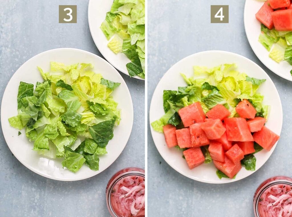 Step 3 shows chopping romaine lettuce, and step 4 shows adding chopped watermelon.