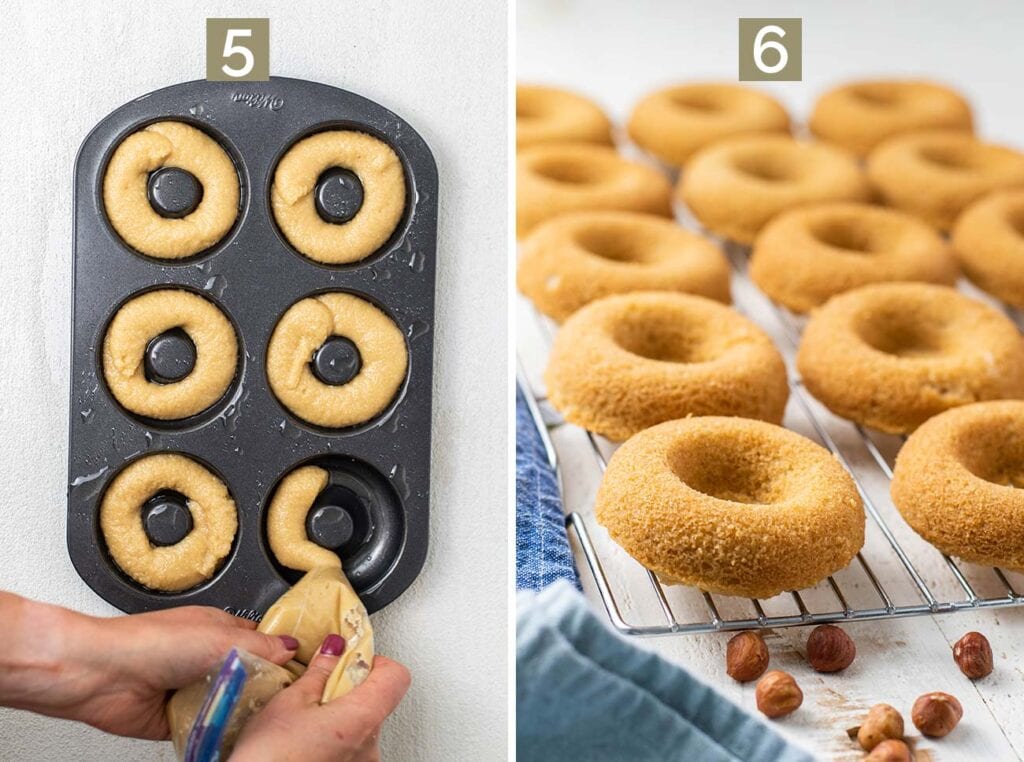Step 5 show piping the batter into the donut pan. Step 6 shows baking the donuts.