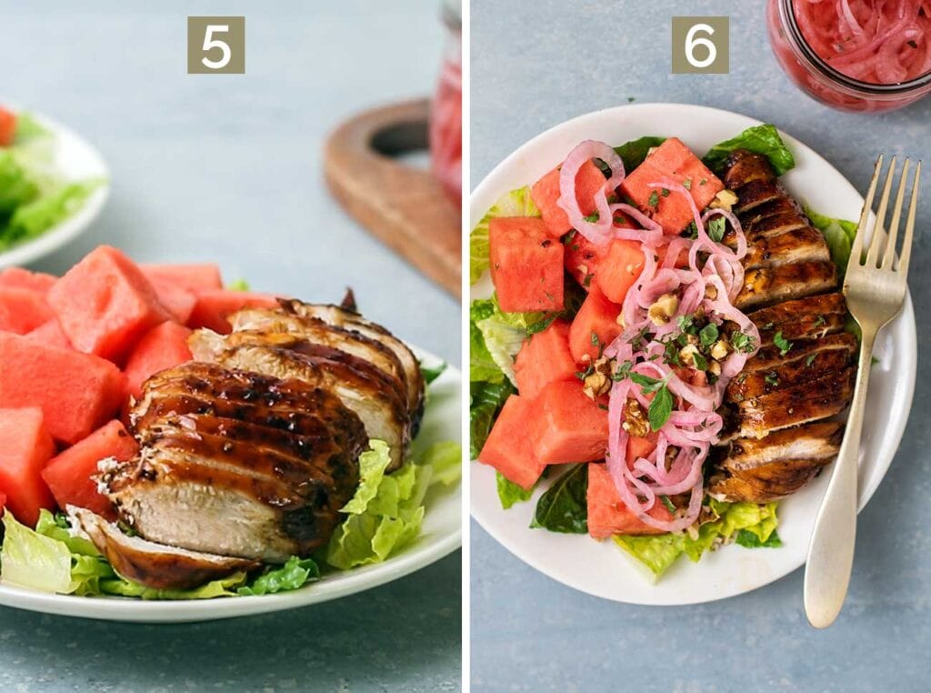 Step 5 shows adding sliced balsamic chicken, and step 6 shows adding the walnuts, mint, and marinated red onions.