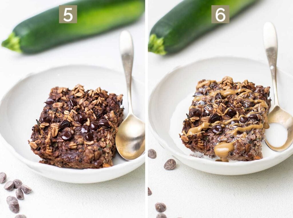 Step 5 shows the chocolate oats baked, and step 6 shows it drizzled with nut butter and milk.