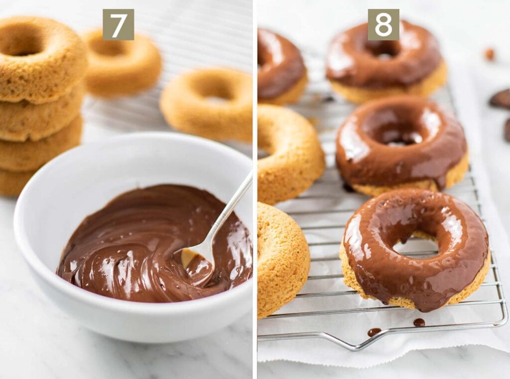 Step 7 shows melting dark chocolate with coconut oil, and step 8 shows glazing the donuts.