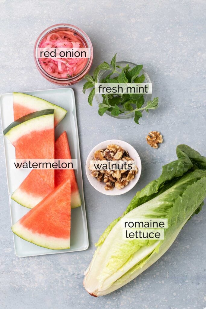 Ingredients needed to make watermelon salads.