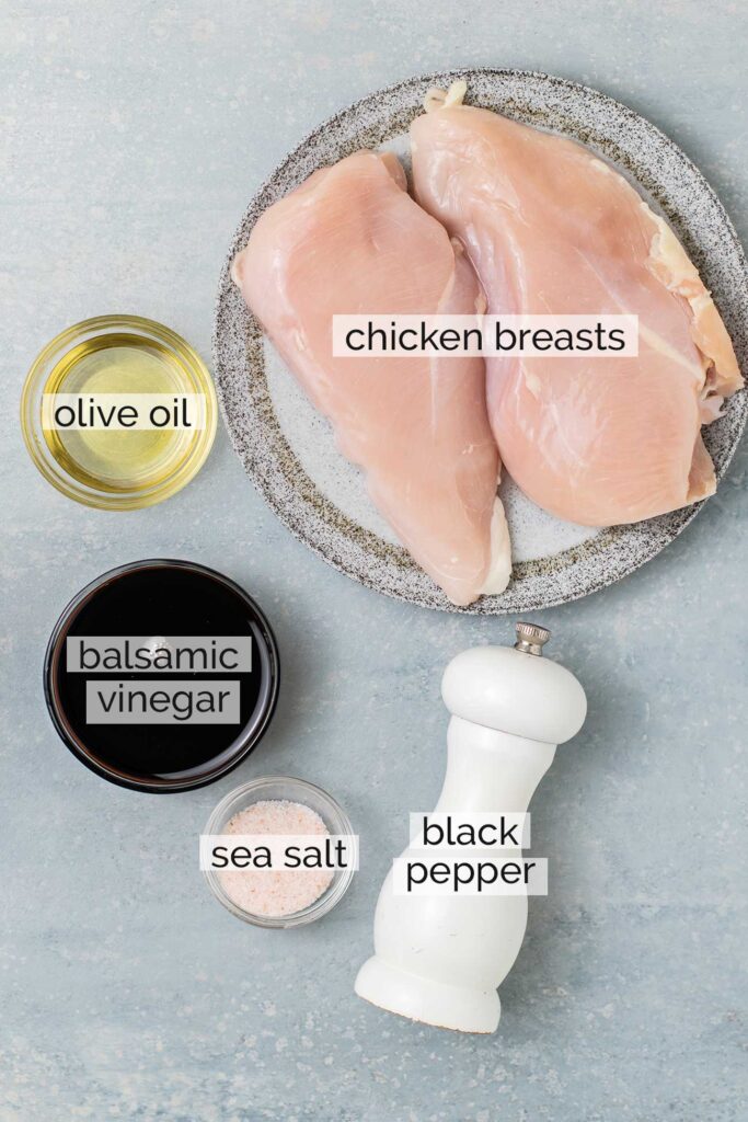The ingredients needed to make balsamic chicken.